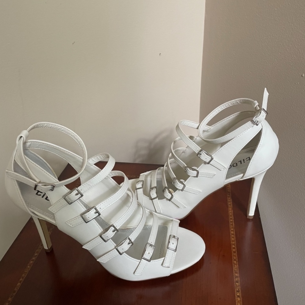 Tildon White Multi-Staples Caged Open Toe Heels - Picture 3 of 14